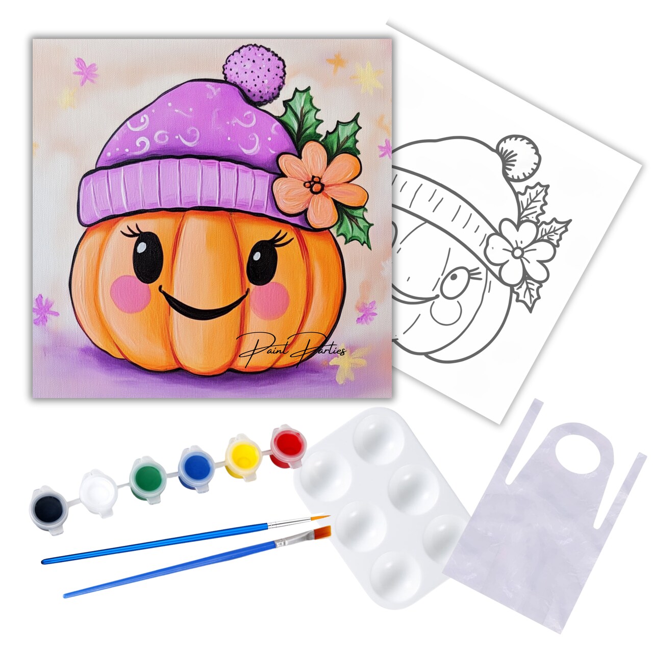 "Floral Jack-O-Lantern Pumpkin" DIY Canvas Art Kit, Adult Beginner, Acrylic Paint Size 11x14 inch